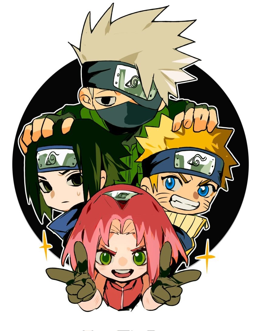1girl 3boys black_background black_eyes black_hair blonde_hair blue_eyes blue_shirt border chibi double_v facial_mark fangs fingerless_gloves gloves green_eyes green_vest grey_hair grin hairband hand_on_another&#039;s_head headband highres mask mouth_mask multiple_boys naruto_(classic) naruto_(series) one_eye_covered open_mouth parted_bangs pink_hair red_shirt shirt sleeveless sleeveless_shirt smile sparkle spiked_hair sweatdrop teeth upper_body v vest whisker_markings white_border xi_luo_an_ya