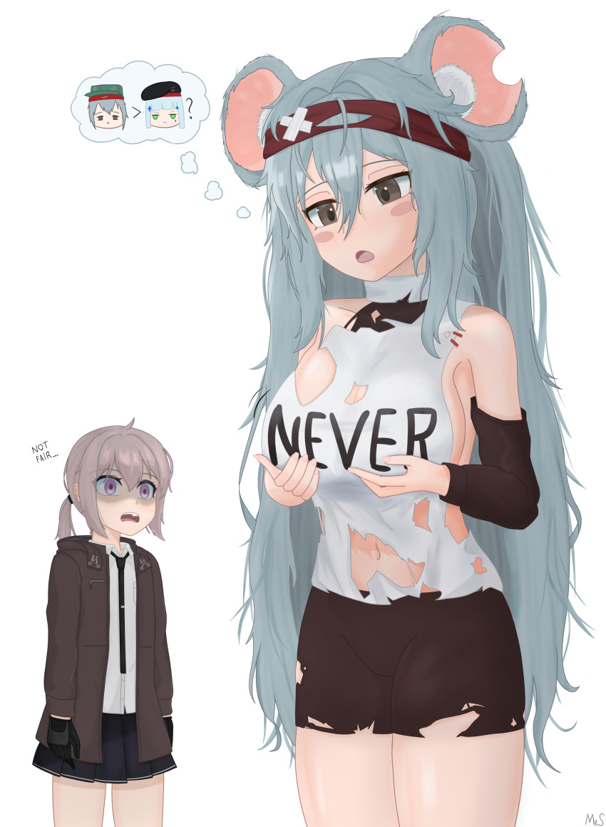 3girls ? absurdres english_text eyeshadow g11_(fluffy_dumptruck)_(girls&#039;_frontline) g11_(girls&#039;_frontline) girls&#039;_frontline head_tilt highres hk416_(girls&#039;_frontline) m200_(girls&#039;_frontline) makeup mr.something multiple_girls ponytail speech_bubble spoken_question_mark surprised thought_bubble torn_clothes wide-eyed