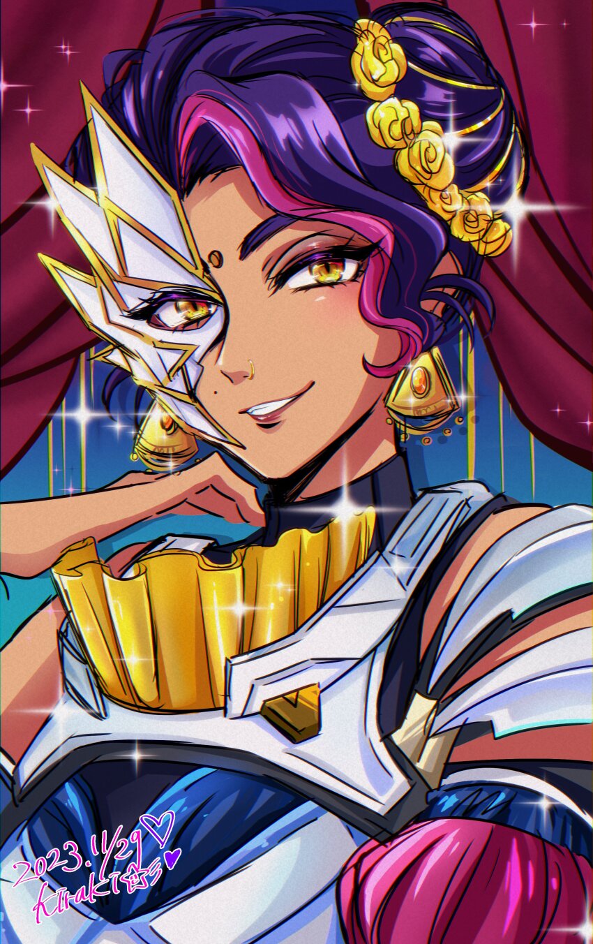 1girl absurdres animification apex_legends black_shirt brown_eyes dark-skinned_female dark_skin dated earrings flower hair_flower hair_ornament heart highres jewelry kiraki looking_at_viewer mask mole multicolored_hair official_alternate_costume purple_hair rampart_(apex_legends) shirt smile soiree_away_rampart solo sparkle streaked_hair