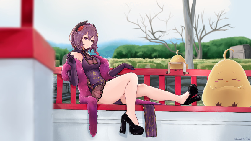 absurdres azur_lane bad_id bad_pixiv_id bench black_footwear black_horns china_dress chinese_clothes cleavage_cutout clothing_cutout day dress feather_boa full_body garden high_heels highres horns kirishima_(azur_lane) kirishima_(graceful_ink_incense)_(azur_lane) legs manjuu_(azur_lane) official_alternate_costume purple_eyes purple_hair roosterf2p scroll side_slit sitting solo tree