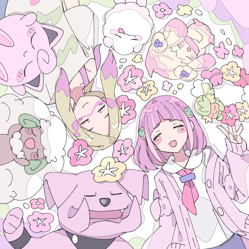 2girls alcremie alcremie_(ruby_swirl) arms_up blonde_hair blunt_bangs blush_stickers bob_cut cardigan closed_eyes collared_shirt comfey fang flower gen_1_pokemon gen_2_pokemon gen_5_pokemon gen_6_pokemon gen_7_pokemon gen_8_pokemon granbull highres jigglypuff lacey_(pokemon) long_hair long_sleeves low_ponytail mina_(pokemon) multiple_girls neckerchief nintendo open_mouth paint_in_hair paint_splatter paint_splatter_on_face parted_bangs pink_cardigan pink_hair pokemon pokemon_(creature) pokemon_sm pokemon_sv ponytail red_neckerchief remoooon shirt short_sleeves single_off_shoulder smile swirlix tongue tongue_out undershirt whimsicott white_shirt