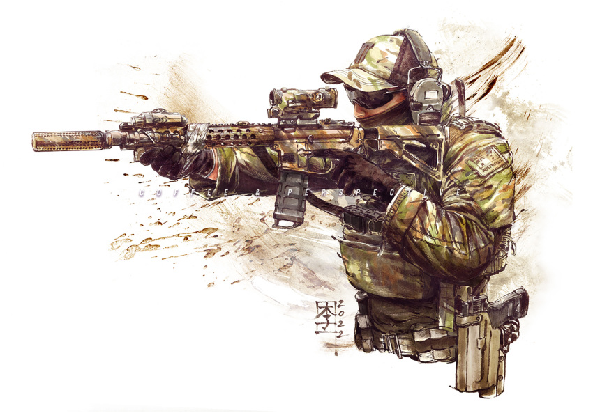 1other 2022 aiming ambiguous_gender assault_rifle australia australian_flag baseball_cap belt black_gloves black_hat black_mask body_armor bulletproof_vest camouflage camouflage_headwear camouflage_jacket camouflage_paint charcoal_(medium) commentary covered_mouth cropped_torso english_commentary facebook_username facing_to_the_side from_side glock gloves green_hat green_jacket gun handgun hat headset highres holding holding_gun holding_weapon holster holstered jacket japanese_text laser_sight load_bearing_vest long_sleeves m4_carbine magazine_(weapon) mar-c! marker_(medium) military_combat_uniform military_hat military_jacket military_operator military_uniform mixed_media multicolored_hat multicolored_jacket nose optical_sight original other_focus patch photoshop_(medium) realistic rifle shoulder_patch signature simple_background solo splatter string sunglasses suppressor tactical_clothes traditional_media trigger_discipline upper_body utility_belt watermark weapon white_background white_hat