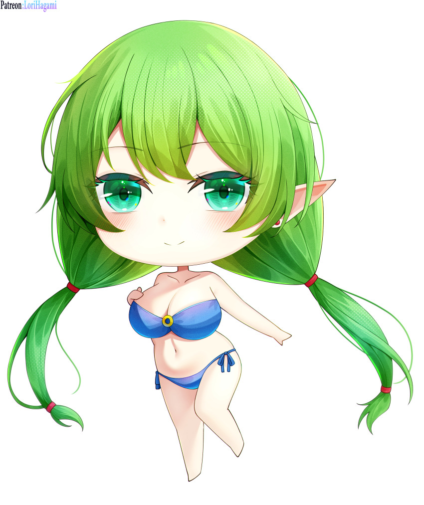 1girl absurdres barefoot bikini blue_bikini chibi chibi_only commission commissioner_upload elf euphemy_sylvaine green_eyes green_hair halftone highres lori_hagami o-ring o-ring_bikini official_art pointy_ears solo swimsuit transparent_background twintails ways_of_darkness_(series)