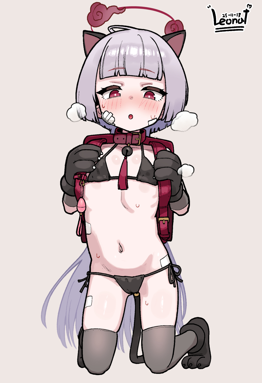 1girl animal_ears animal_hands backpack bag bdsm bell bikini black_bikini blue_archive blush collar flat_chest gloves grey_hair halo highres leonat loli long_hair paw_gloves pet_play randoseru red_eyes shuro_(blue_archive) simple_background slave solo swimsuit tail thighhighs