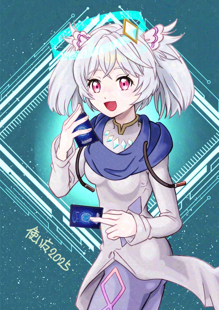1girl adversarial_noise blue_background breasts card cowboy_shot digimon digimon_alysion digimon_card_game dress futre grey_hair halo highres holding holding_card pink_eyes simple_background small_breasts solo trading_card tsukaima_(vfcou) twintails white_dress