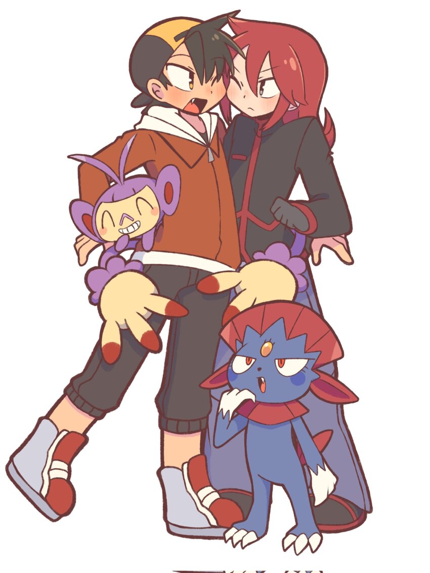 2boys ambipom backwards_hat baseball_cap black_eyes black_gloves black_hair black_pants corrupted_twitter_file denim ethan_(pokemon) fang gen_4_pokemon gloves hat highres hood hood_down hoodie jeans long_sleeves looking_at_another male_focus multiple_boys nintendo one_eye_closed open_mouth pants pokemon pokemon_(creature) pokemon_hgss red_hair red_hoodie shoes short_hair silver_(pokemon) sneakers sofo_soup weavile zipper_pull_tab