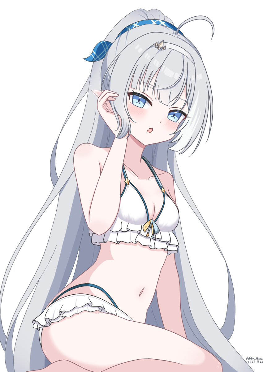 1girl ahoge bikini blue_eyes breasts female_tyrant_(stella_sora) grey_hair highres long_hair navel neko_huan simple_background small_breasts solo stella_sora swimsuit tyrant_(stella_sora) white_background white_bikini