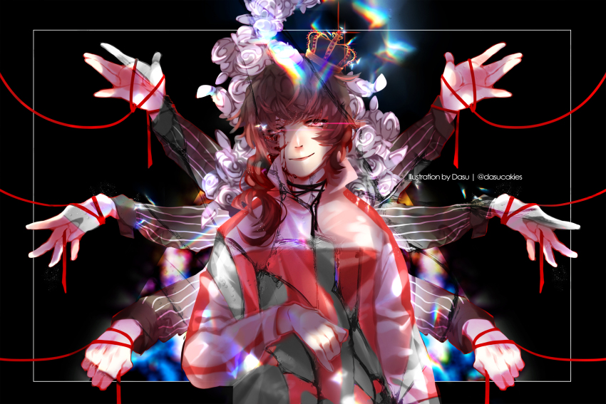 1boy black_background blood bloody_tears breasts brown_hair closed_mouth commentary crown dasucakies english_commentary extra_arms grey_crown grey_shirt hair_over_shoulder highres looking_at_viewer male_focus medium_hair mini_crown multicolored_shirt pneumonoultramicroscopicsilicovolcanoconiosis_(vocaloid) red_eyes red_shirt shirt smile solo string string_of_fate upper_body white_shirt