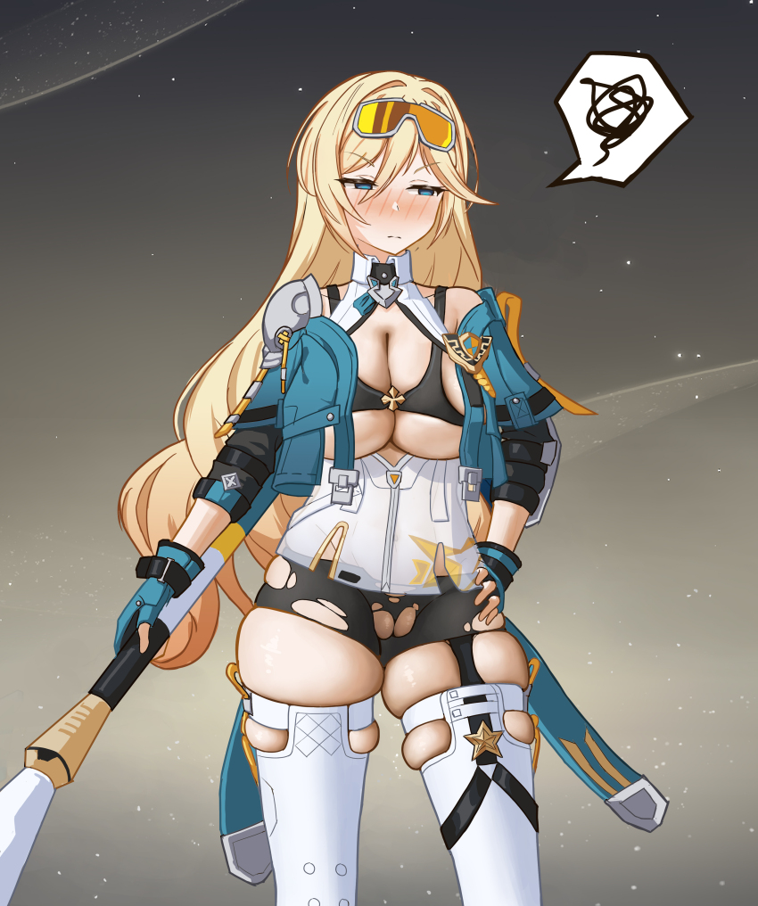 1girl absurdres aged_up black_bra black_shorts blonde_hair blue_eyes blue_gloves blue_jacket bra breasts cleavage closed_mouth durandal_(honkai_impact) durandal_(reign_solaris)_(honkai_impact) embarrassed fingerless_gloves gloves goggles goggles_on_head half-closed_eyes hand_on_own_hip highres holding holding_polearm holding_weapon honkai_(series) honkai_impact_3rd jacket large_breasts long_hair polearm short_shorts shorts solo spoken_squiggle squiggle thighhighs torn_clothes torn_shorts underwear user_vung4234 weapon white_thighhighs zettai_ryouiki