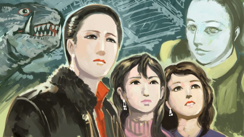 4girls alien brown_hair daiei_film disguise gamera gamera:_super_monster gamera_(series) giruge glowing glowing_eyes grey_eyes highres hiro_sawa kaiju kilara_(gamera) marsha_(gamera) mitan_(gamera) multiple_girls sea_monster spacewomen_(gamera) superhero_costume supervillain turtle tusks yellow_eyes