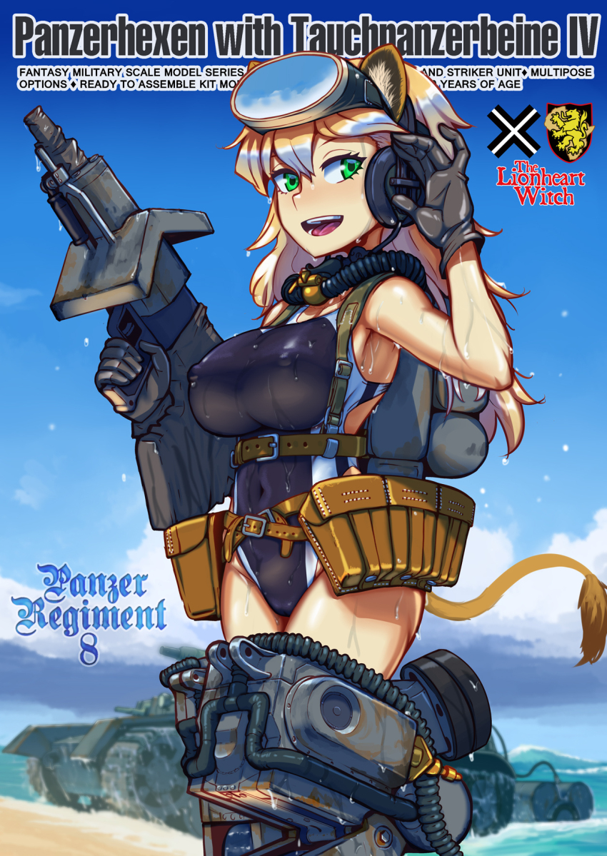 1girl :d adjusting_hair animal_ears beach belt black_gloves blonde_hair breasts chest_harness commentary_request competition_swimsuit covered_erect_nipples cowboy_shot diving_mask diving_mask_on_head erica_(naze1940) gloves goggles goggles_on_head green_eyes hannelore_kummel harness headphones highleg highleg_one-piece_swimsuit highres holding holding_weapon implied_extra_ears land_striker large_breasts lion_ears lion_girl lion_tail looking_at_viewer mechanical_legs military_vehicle motor_vehicle multiple_belts ocean one-piece_swimsuit open_mouth oxygen_mask panzer_iv pouch smile solo strike_witches_(lionheart_witch) swimsuit tail tank throat_microphone tsurime water weapon wet world_witches_series