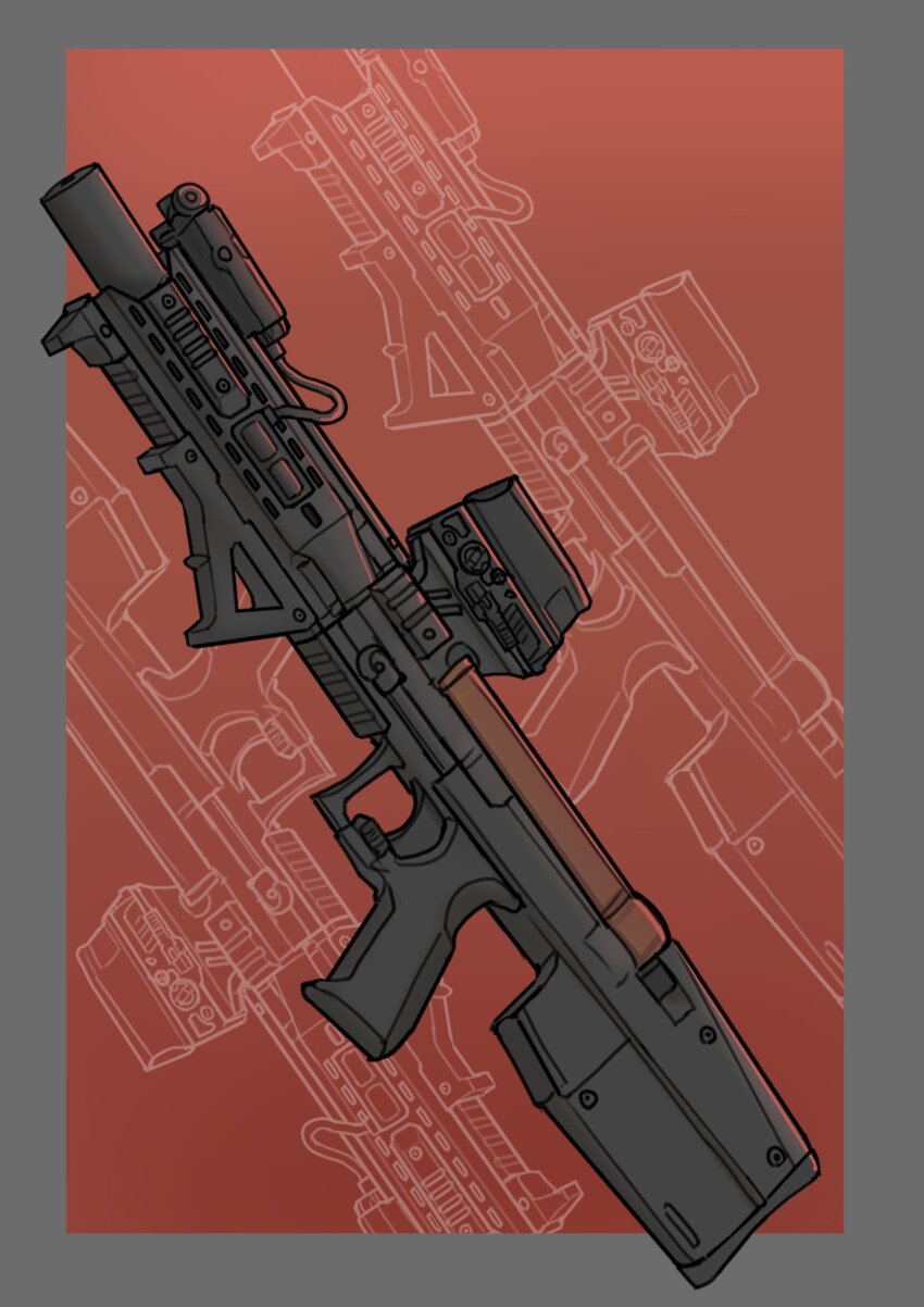 absurdres border brown_background commentary english_commentary grey_border gun highres no_humans original pistol-caliber_carbine scope srtdrawart suppressor weapon weapon_focus weapon_request