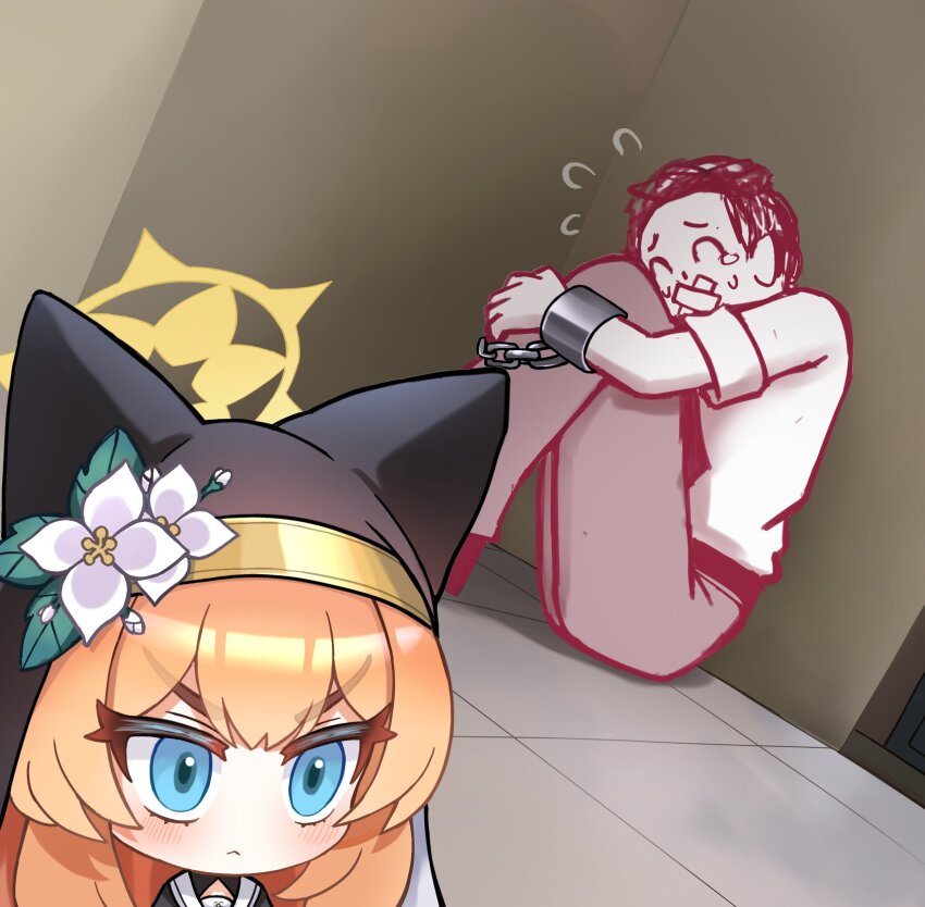 1boy 1girl :&lt; absurdres animal_ear_headwear black_jacket black_veil blue_archive blue_eyes blush cat_girl closed_mouth cuffs doodle_sensei_(blue_archive) fake_animal_ears flower gag hair_flower hair_ornament halo highres improvised_gag jacket long_hair mari_(blue_archive) meme orange_hair sailor_collar sensei_(blue_archive) shackles tape tape_gag th3cr0ma veil white_flower white_sailor_collar yellow_halo