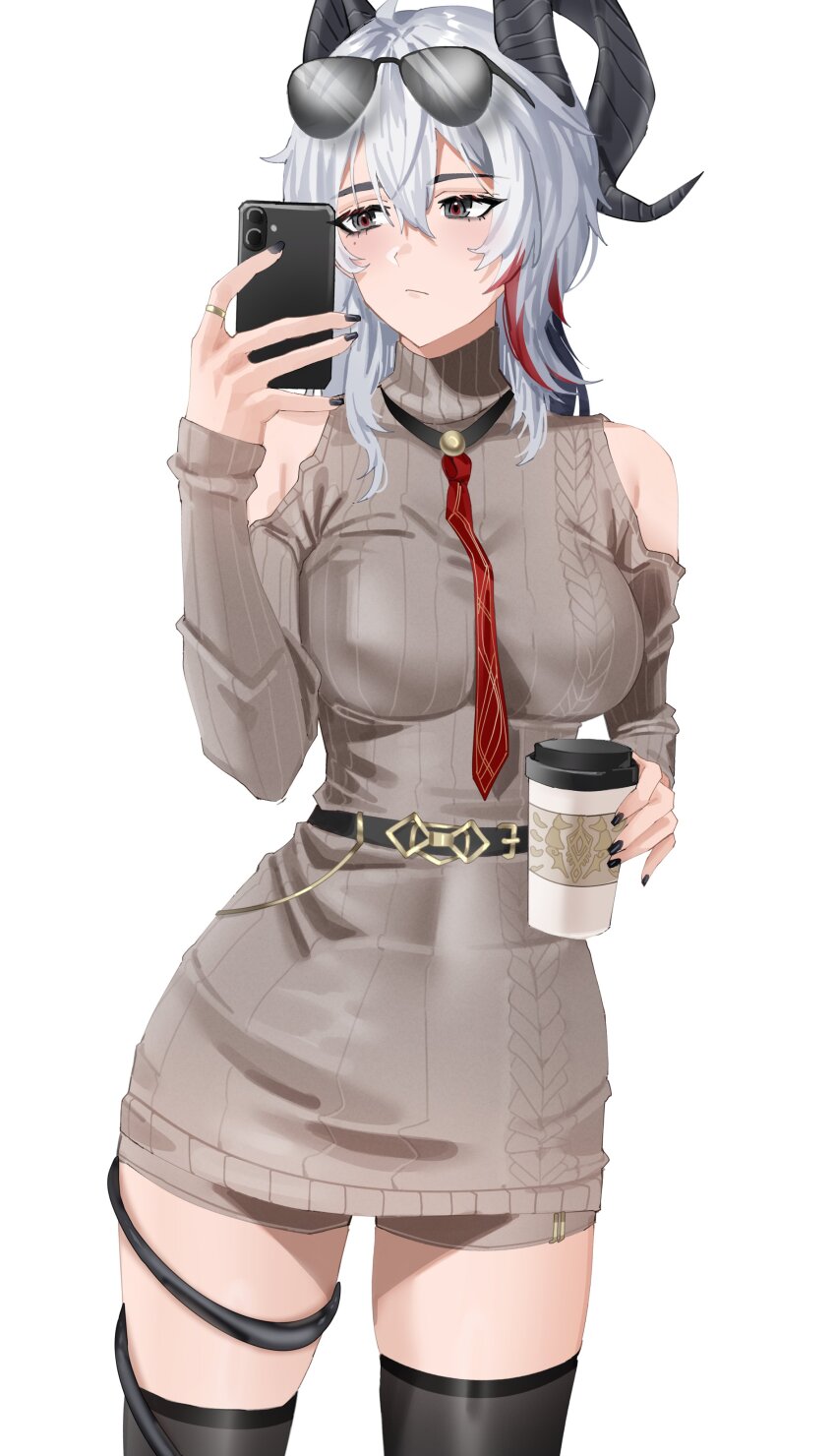 1girl absurdres bare_shoulders black_eyes black_horns black_nails black_tail black_thighhighs cellphone clothing_cutout commentary cup curled_horns disposable_coffee_cup disposable_cup dress english_commentary eyewear_on_head fingernails grey_dress hair_between_eyes highres holding holding_cup holding_phone horns jewelry leg_wrap long_hair mole mole_under_eye multicolored_eyes multicolored_hair nail_polish official_alternate_costume phone red_eyes ring shoulder_cutout simple_background smartphone solo streaked_hair sunglasses sweater sweater_dress tail thighhighs thighs trixie_(trixiex33) turtleneck turtleneck_dress two-tone_eyes white_background wuthering_waves zani_(wuthering_waves)