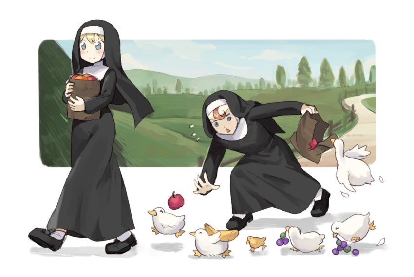 2girls apple bag bird black_dress black_shoes blonde_hair blue_hair blue_sky closed_mouth cloud clumsy_nun_(diva) commentary craytm dress duck english_commentary fence flying_saucer food froggy_nun_(diva) fruit full_body grapes little_nuns_(diva) long_dress long_sleeves multiple_girls nun paper_bag path road shoes sky smile socks spacecraft torn traditional_nun tree triangle_mouth walking white_socks