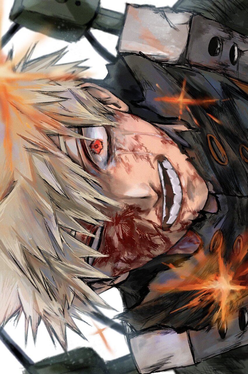 1boy bakugou_katsuki black_shirt blonde_hair blood blood_on_face boku_no_hero_academia collared_shirt commentary_request explosion highres injury looking_at_viewer male_focus melonso_da000 open_mouth popped_collar red_eyes shirt short_hair sideways solo superhero_costume teeth torn_clothes uneven_eyes upper_body white_background