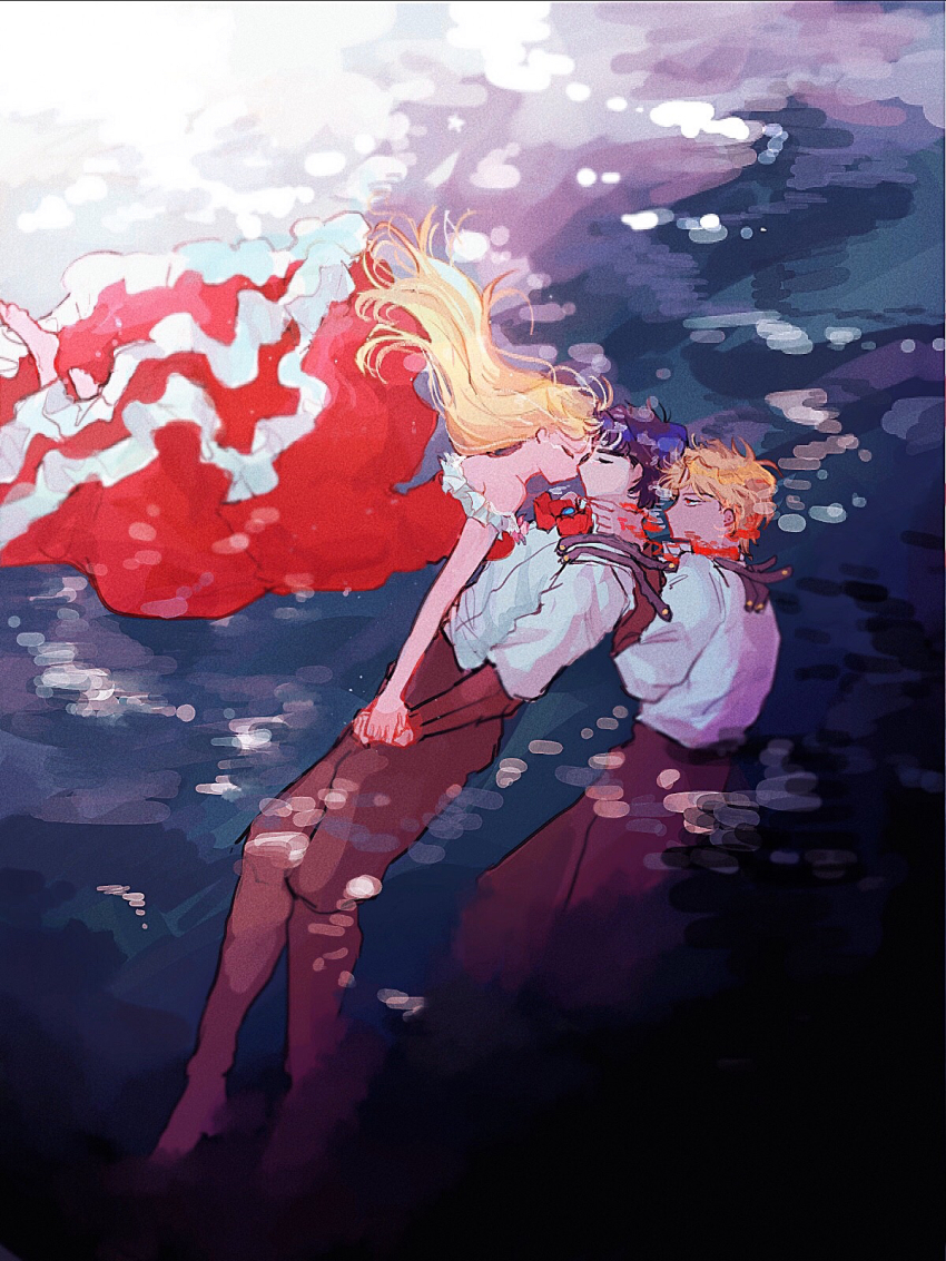 1girl 2boys barefoot blonde_hair blood closed_eyes dio_brando dress erina_pendleton facing_another frilled_dress frills fuha_(azukiba_9) full_body hands_on_another&#039;s_neck highres holding_hands jojo_no_kimyou_na_bouken jonathan_joestar long_hair long_sleeves looking_at_another multiple_boys off-shoulder_dress off_shoulder phantom_blood red_eyes short_hair submerged underwater
