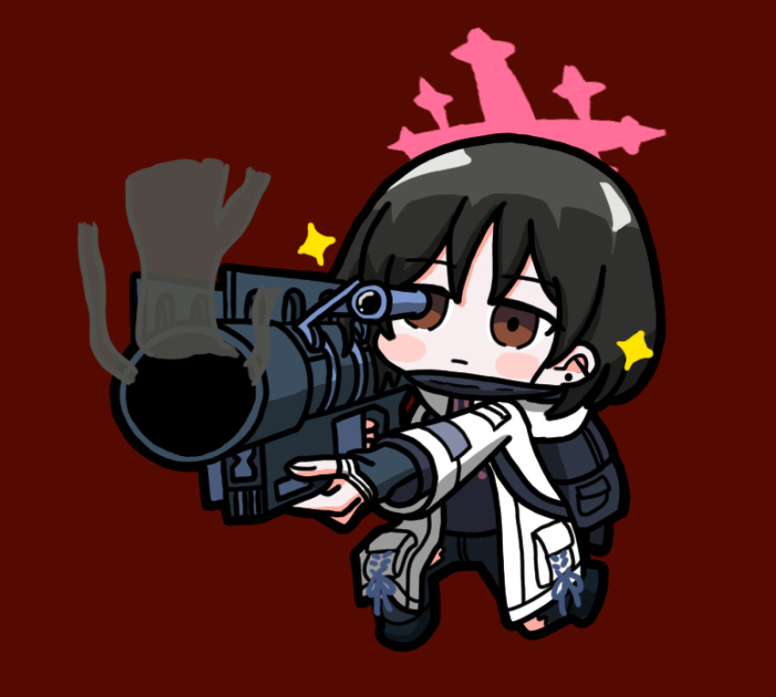 bazooka black_hair black_pants blue_archive chibi dari_uri halo highres hood hooded_jacket jacket mask misaki_(blue_archive) pants short_hair steam weapon white_jacket