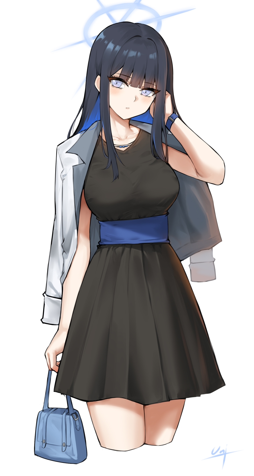 1girl absurdres bag black_dress black_hair blue_archive blue_bag breasts closed_mouth colored_inner_hair commentary cropped_legs dress grey_eyes halo hand_up handbag highres jacket jacket_on_shoulders large_breasts long_hair looking_at_viewer multicolored_hair saori_(blue_archive) sidelocks simple_background solo unique_(pixiv12704744) white_background white_jacket