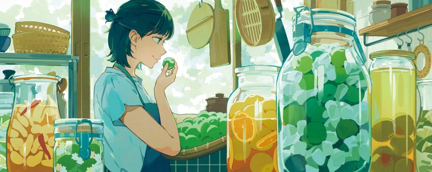 1girl apple apron blue_apron closed_mouth food fruit green_apple green_hair highres holding holding_food holding_fruit ice indoors jar kotatiyu orange_hair original shirt smile solo upper_body white_shirt