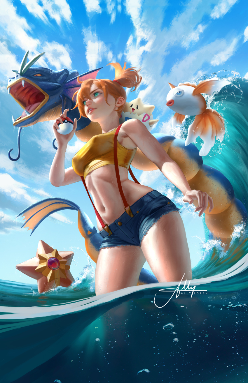 1girl absurdres allyloren artist_name blue_eyes commentary covered_erect_nipples denim denim_shorts english_commentary game_freak gen_1_pokemon gen_2_pokemon goldeen gyarados highres holding holding_poke_ball misty_(pokemon) navel nintendo orange_hair poke_ball poke_ball_(basic) pokemon pokemon_(anime) pokemon_(classic_anime) pokemon_(creature) shirt short_hair shorts side_ponytail sleeveless staryu suspender_shorts suspenders tank_top togepi water yellow_shirt yellow_tank_top