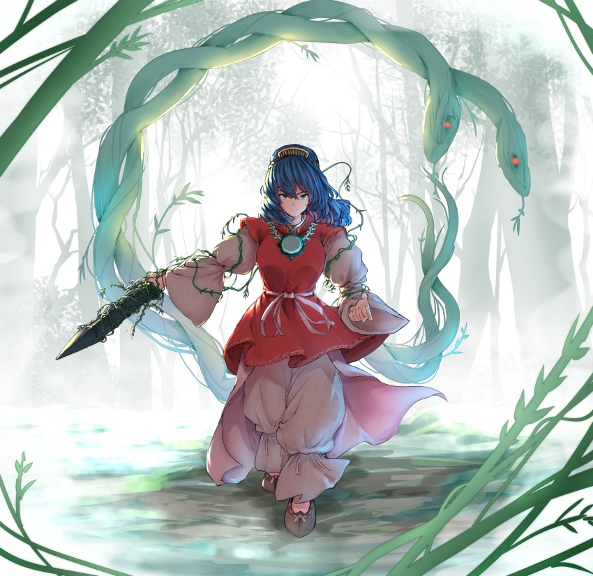 1girl absurdres adapted_costume alternate_costume alternate_eye_color backlighting blouse brown_shoes female_focus glowing green_eyes highres holding holding_sword holding_weapon kushidama_minaka layered_clothes looking_at_viewer plant purple_hair red_shirt serpent shirt shoes short_hair sleeveless sleeveless_shirt solo sword touhou vines weapon white_shirt yasaka_kanako