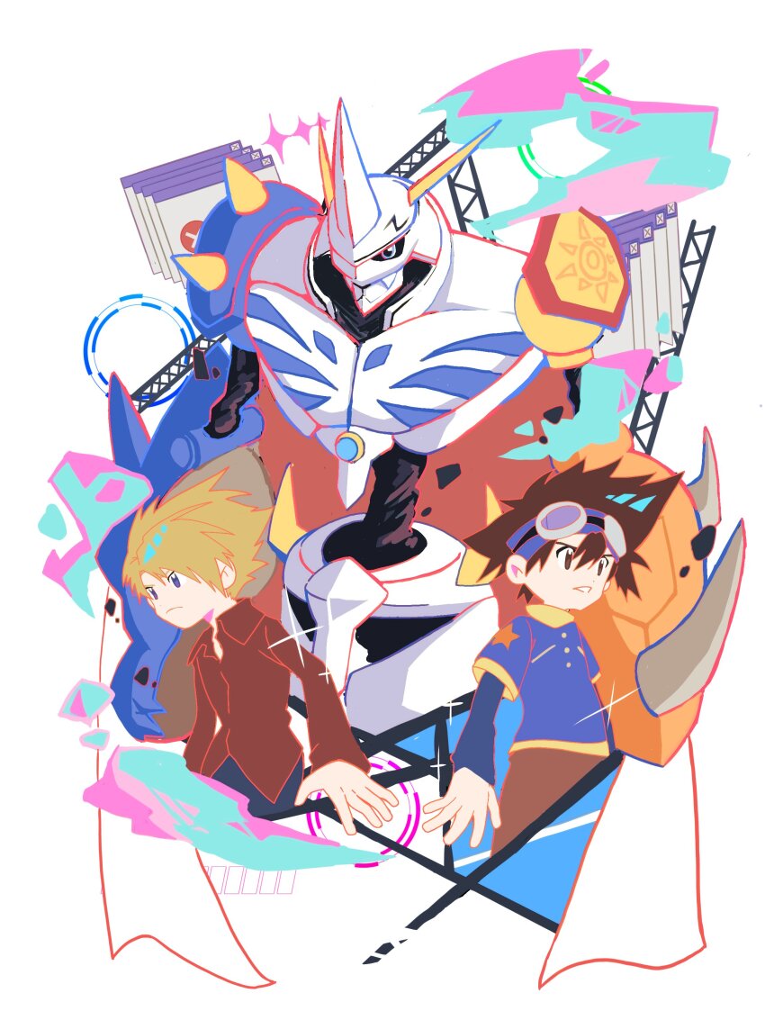 3boys absurdres blonde_hair blue_eyes brown_eyes brown_hair commentary_request cowboy_shot digimon digimon_(creature) digimon_adventure digimon_adventure:_bokura_no_war_game group_picture highres horns ishida_yamato male_focus mecha medium_hair megane_mochi multiple_boys omegamon robot white_background yagami_taichi