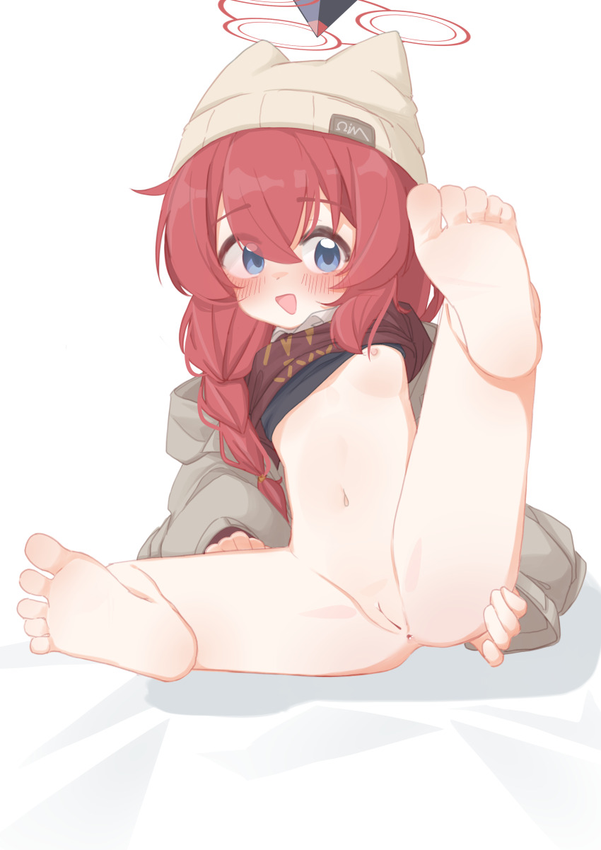 1girl :d absurdres anus beanie black_bra blue_archive blue_eyes blush bottomless bra bra_lift braid chinese_commentary cleft_of_venus clothes_lift full_body glyphsss grey_jacket halo hat highres jacket large_variant_set leg_up loli long_hair long_sleeves maki_(blue_archive) maki_(camp)_(blue_archive) navel open_mouth pussy red_hair red_halo red_sweater smile solo sweater sweater_lift uncensored underwear variant_set