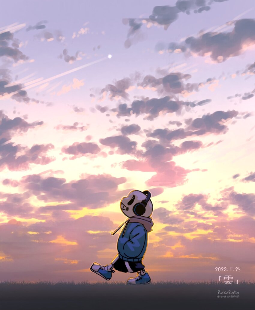1boy artist_name black_shorts blue_footwear blue_jacket cloud dated day hands_in_pockets headphones highres hood hood_down hooded_jacket jacket korokor59513559 male_focus outdoors sans_(undertale) shorts skeleton sky solo teeth twitter_username undertale