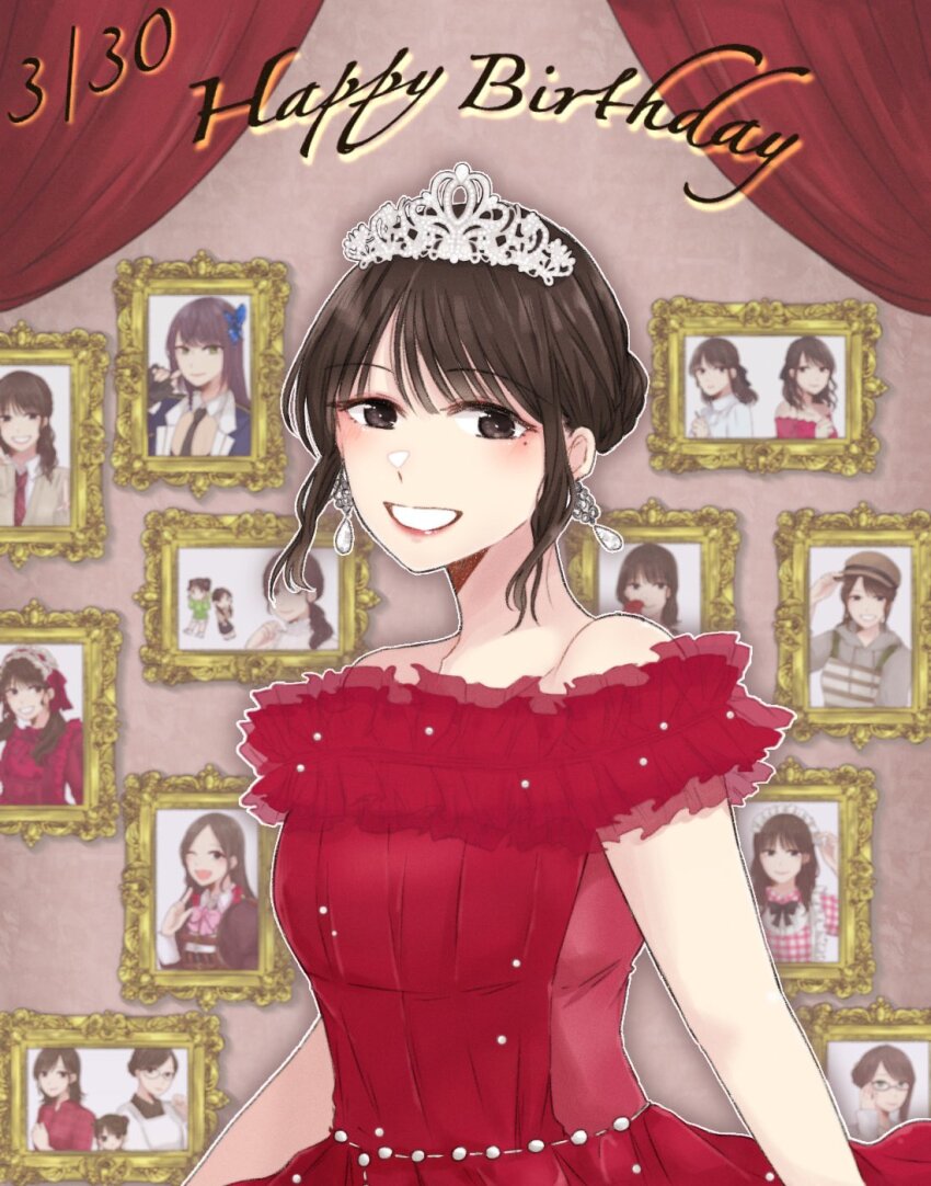 1girl :d arms_at_sides assault_lily bare_shoulders blurry blurry_background brown_eyes brown_hair collar_x_malice commentary cosplay dated drawing_(object) dress earrings frilled_dress frills funada_kiito funada_kiito_(cosplay) gem grin hair_bun happy_birthday highres indoors ishii_haruna jewelry looking_at_viewer mole mole_under_eye mukai_eriko mukai_eriko_(cosplay) nigari_(ngari_0115) off-shoulder_dress off_shoulder open_mouth pearl_(gemstone) picture_frame real_life red_dress short_hair short_sleeves sidelocks single_hair_bun smile solo tachibana_theresia_nagisa tachibana_theresia_nagisa_(cosplay) tiara upper_body voice_actor_connection
