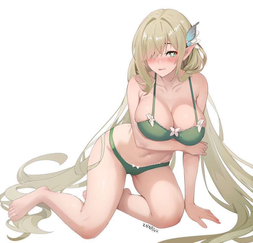 1girl absurdres armpit_crease artist_name azur_lane bare_shoulders barefoot blonde_hair blush bra breasts cleavage collarbone de_zeven_provincien_(azur_lane) de_zeven_provincien_(snuggling_for_warmth)_(azur_lane) full_body green_bra green_eyes green_panties hair_intakes hair_over_one_eye heart heart-shaped_pupils highres large_breasts large_variant_set licking_lips long_hair navel official_alternate_costume panties pointy_ears simple_background solo stomach symbol-shaped_pupils toes tongue tongue_out underwear variant_set very_long_hair xnnagu