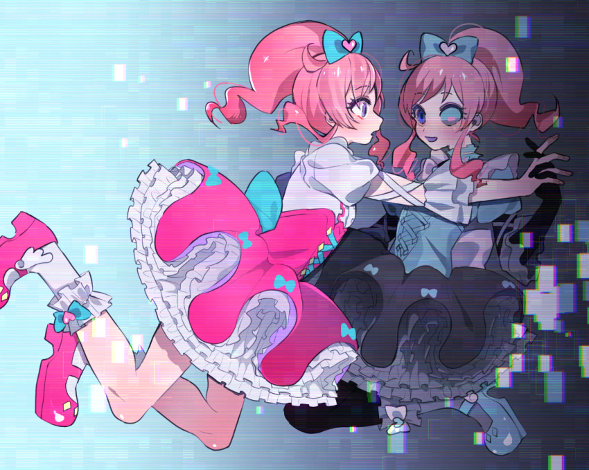 2girls back_bow black_dress black_skin blue_bow blue_eyes bow bow_legwear bug_mirai choker chromatic_aberration colored_skin commentary cross-laced_clothes dark_persona detached_sleeves dress dual_persona floating frilled_choker frilled_dress frilled_sleeves frilled_socks frills glitch hair_bow heart holding_hands interlocked_fingers kiratto_pri_chan looking_at_another mary_janes momoyama_mirai mpmpgnz multiple_girls open_mouth pink_dress pink_hair pink_shoes ponytail pretty_series pripara pripara:_all_idol_perfect_stage! shoes sidelocks single_empty_eye smile socks symbol-only_commentary white_socks wings