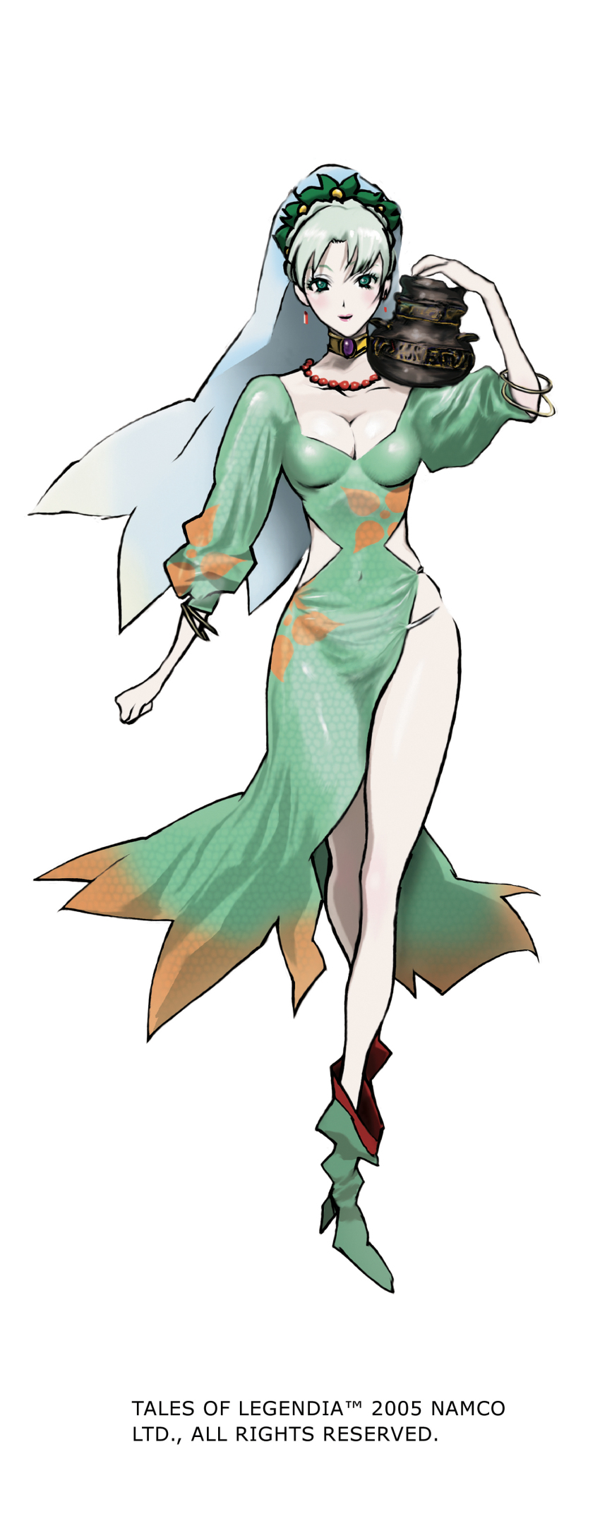 00s 1girl 2005 absurdres aqua_eyes aqua_hair boots bracelet breasts cleavage crossed_legs dress earrings female_focus flower full_body green_boots green_hair grune_(tales) highres jar jewelry long_image medium_breasts nakazawa_kazuto necklace official_art short_hair silver_hair smile solo standing tales_of_(series) tales_of_legendia tall_image thighs white_background