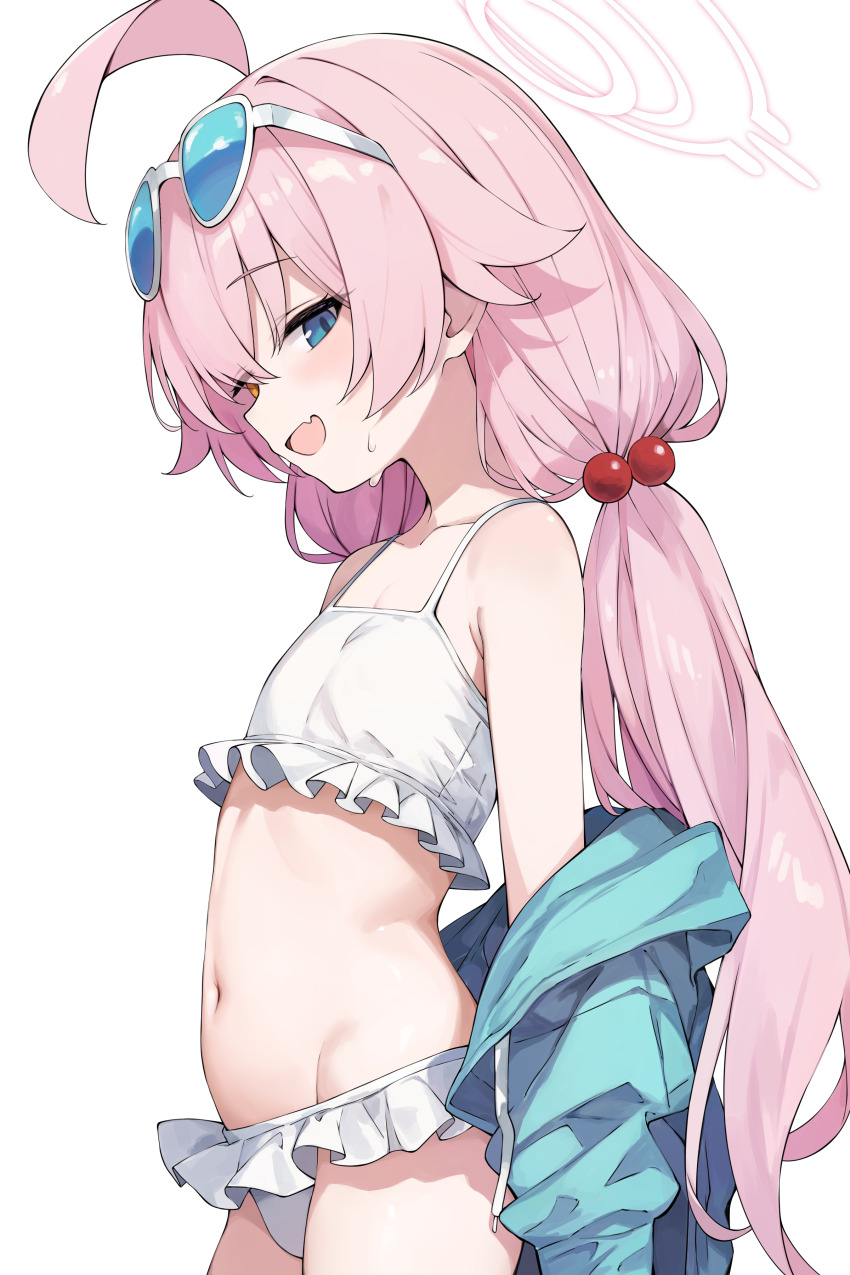 1girl absurdres ahoge aqua_jacket bare_shoulders bikini blue-tinted_eyewear blue_archive blue_eyes blue_jacket breasts collarbone cowboy_shot eyewear_on_head fang flat_chest frilled_bikini frills from_side groin hair_between_eyes hair_bobbles hair_flaps hair_ornament halo heterochromia highres hoshino_(blue_archive) hoshino_(swimsuit)_(blue_archive) huge_ahoge jacket jacket_partially_removed light_blush loli long_hair long_sleeves looking_at_viewer low_twintails navel off_shoulder official_alternate_costume official_alternate_hairstyle open_clothes open_jacket open_mouth pink_hair pink_halo sidelocks simple_background skin_fang small_breasts smile solo standing sunglasses sweat sweatdrop swimsuit tateishi_kureha thighs tinted_eyewear twintails white_background white_bikini yellow_eyes