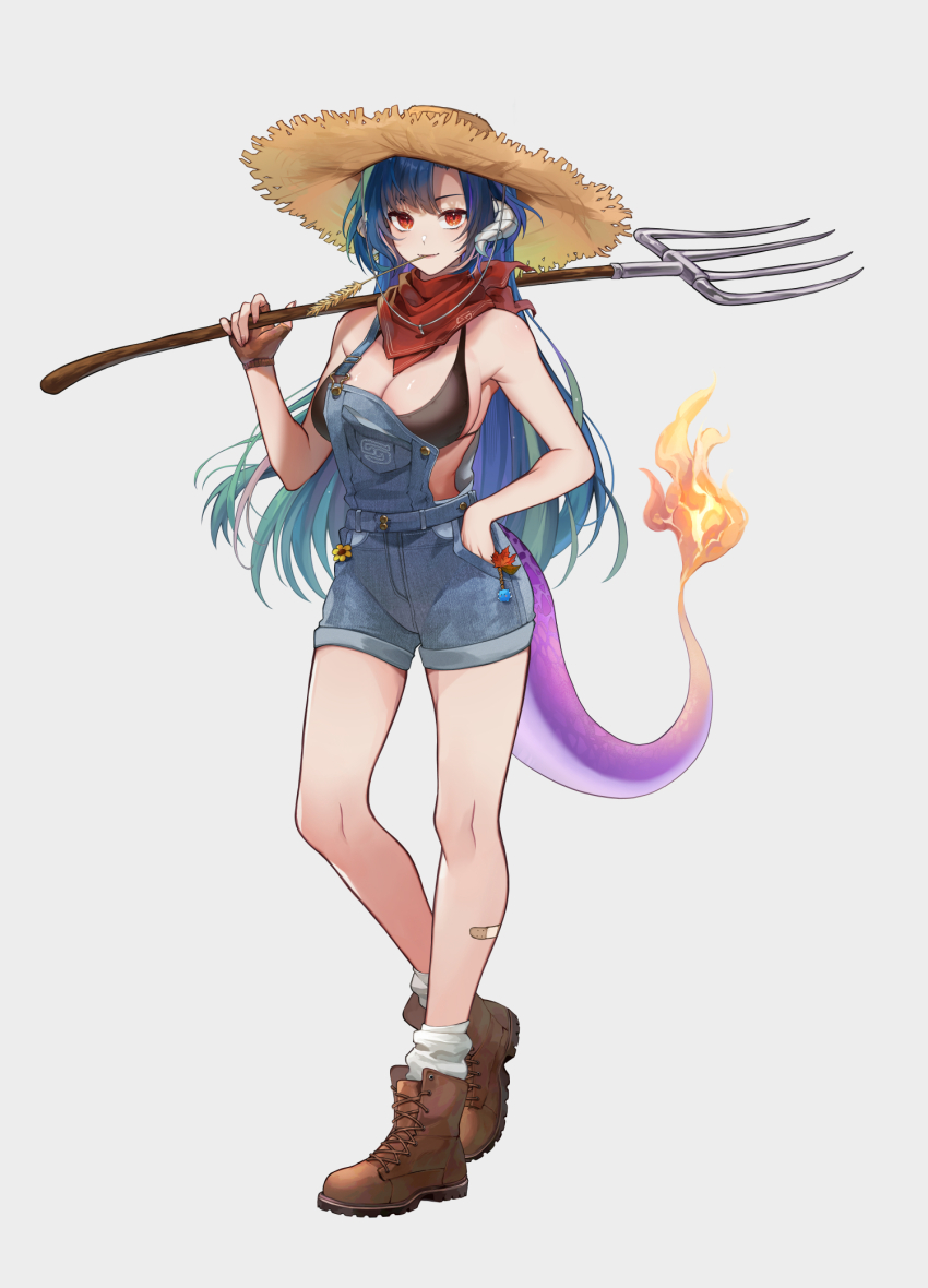1girl bandaid bandaid_on_leg bikini black_bikini blue_hair blue_overalls boots breasts brown_boots brown_gloves dragon_horns dragon_tail fingerless_gloves fire flame-tipped_tail full_body gloves grey_horns hand_in_pocket hat highres holding holding_pitchfork horns indie_virtual_youtuber long_hair mouth_hold overalls pitchfork red_eyes red_scarf scarf single_glove socks solo stalk_in_mouth sun_hat swimsuit szainx tail vienna_(vtuber) virtual_youtuber white_socks