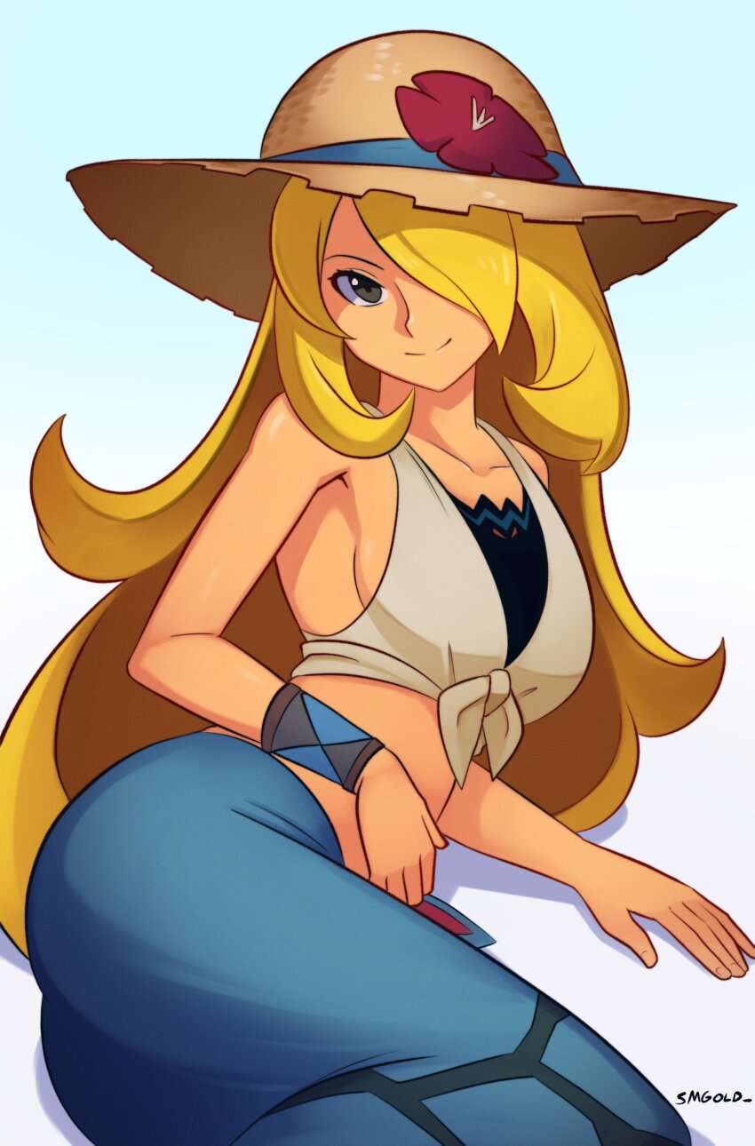 1girl absurdres artist_name bare_shoulders blonde_hair breasts closed_mouth collarbone cynthia_(pokemon) hair_over_one_eye hat highres long_hair looking_at_viewer medium_breasts nintendo pokemon pokemon_dppt smgold smile solo sun_hat very_long_hair wristband