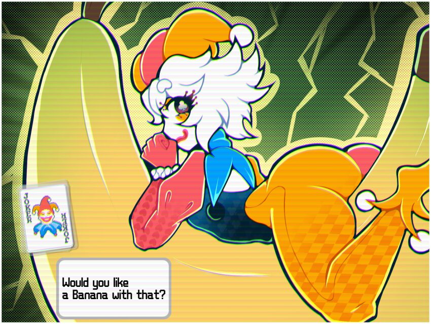 1boy :3 abstract_background ass backless_leotard backless_outfit balatro banana black_eyes black_leotard blue_collar card closed_mouth clown clown_boy clown_makeup club-shaped_pupils collar colored_skin commentary diamond_pattern diamond_print english_commentary english_text eyeshadow food frilled_cuffs frills fruit full_body gloves green_background hair_between_eyes hat heart heart_pattern heart_print highres hosses jester jester_boy jester_cap jimbo_(balatro) leotard long_sleeves looking_at_viewer looking_back makeup male_focus mismatched_pupils multicolored_eyes orange_eyeshadow orange_footwear orange_hat orange_pantyhose outline oversized_food oversized_object pantyhose personification playing_card pom_pom_(clothes) puffy_long_sleeves puffy_sleeves red_eyes red_hat red_lips red_pantyhose scrunchie short_hair smile solo spade-shaped_pupils trap two-tone_eyes two-tone_hat two-tone_pantyhose white_cuffs white_hair white_skin wrist_scrunchie