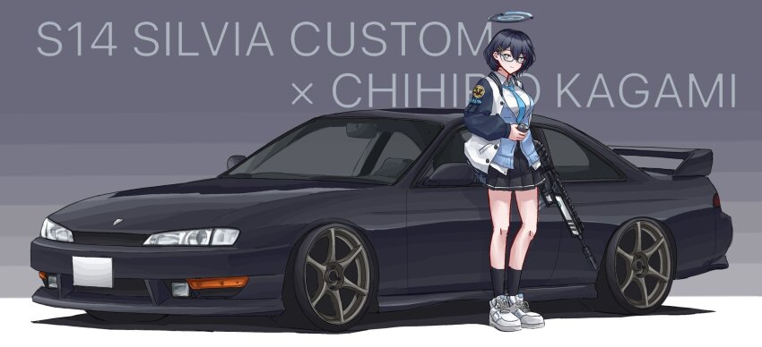 1girl aqua-framed_eyewear assault_rifle black_car black_socks blue_archive blue_cardigan blue_hair blue_halo blue_jacket blue_necktie breasts can car cardigan chihiro_(blue_archive) closed_mouth collared_shirt commentary drink_can glasses grey_background gun h&amp;k_hk416 halo highres holding holding_can holding_gun holding_weapon jacket large_breasts looking_at_viewer motor_vehicle multicolored_jacket necktie nissan nissan_silvia nissan_silvia_s14 open_clothes open_jacket rifle semi-rimless_eyewear shirt shoes short_hair smile sneakers socks solo spoiler_(automobile) standing under-rim_eyewear vehicle_focus weapon white_jacket white_shirt white_shoes yuuki_(abekobenanda)