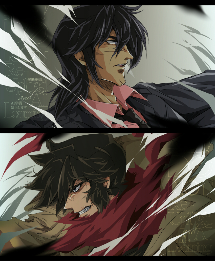 2boys black_hair black_jacket black_necktie brown_coat brown_hair clenched_teeth coat collared_shirt column_lineup getter_robo hand_up highres jacket jin_hayato male_focus medium_hair multiple_boys multiple_scars nagare_ryoma necktie p2iwp parted_lips pink_shirt red_scarf scar scar_on_face scarf shin_getter_robo shirt short_hair teeth torn_clothes torn_scarf v-shaped_eyebrows