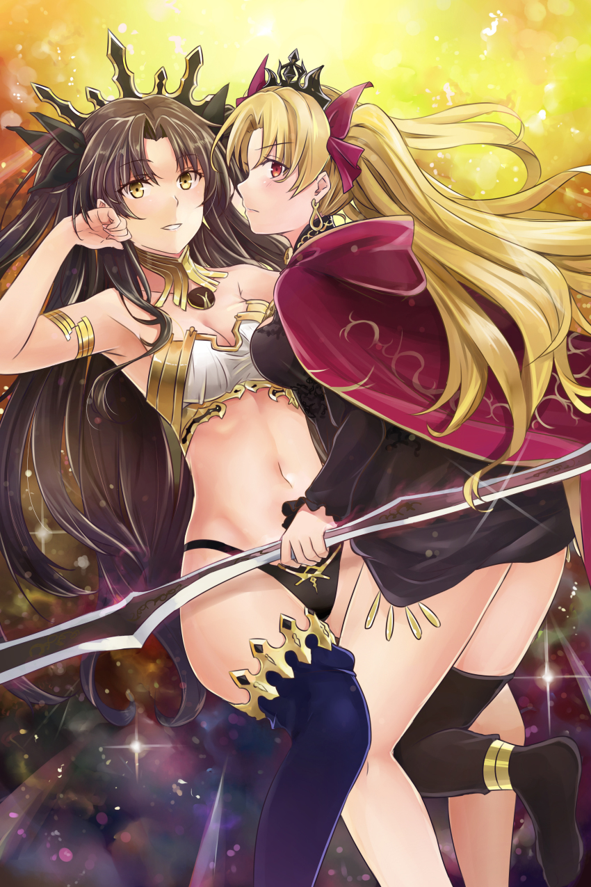 2girls absurdres anklet armlet armpits bandeau between_legs black_dress black_panties black_ribbon black_thighhighs blonde_hair blue_legwear blush breasts brown_hair cape cleavage closed_mouth commentary_request crown diffraction_spikes dress dual_persona earrings ereshkigal_(fate) fate/grand_order fate_(series) feet_out_of_frame frilled_sleeves frills from_side frown glint gold_trim groin hair_ribbon hand_on_own_cheek hand_on_own_face hand_up highleg highleg_panties highres holding holding_weapon ishtar_(fate) jeffrey10 jewelry light_blush long_hair long_sleeves looking_at_viewer looking_to_the_side medium_breasts midriff multiple_girls navel neck_ring open_mouth panties parted_bangs profile red_cape red_eyes red_ribbon ribbon ruffling_hair short_dress sidelocks single_thighhigh smile sparkle star_(symbol) taut_clothes teeth thighhighs tiara tohsaka_rin tsurime two_side_up underwear v-shaped_eyebrows very_long_hair weapon yellow_eyes