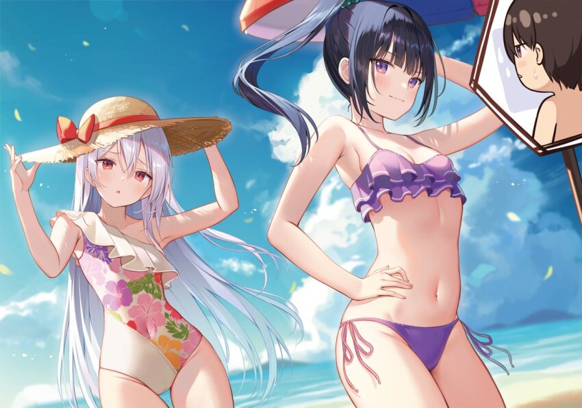 1boy 2girls artist_request bikini copyright_request multiple_girls smile swimsuit tagme