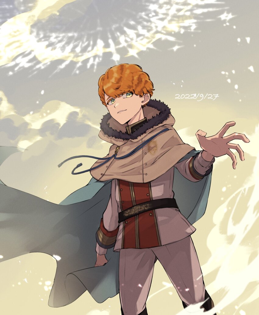 1boy aqua_cape black_clover brown_hair cape capelet dated fur-trimmed_capelet fur_trim golden_dawn_(emblem) green_eyes highres hood hooded_capelet langris_vaude light looking_at_viewer male_focus short_hair solo sumuna_sunaco swept_bangs uniform yellow_capelet