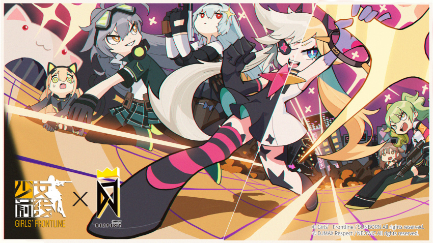6+girls :3 aek-999_(girls&#039;_frontline) ahoge all_fours animal_ear_headphones animal_ears artist_name bare_shoulders black_gloves black_legwear blonde_hair blue_eyes brown_eyes brown_hair building calico_m950 calico_m950a cat_ear_headphones cheek_pistol city clear_(djmax) copyright_name djmax djmax_respect double-stack_magazine dress expressionless eyepatch fail_(djmax) fake_animal_ears fake_tail full_body girls&#039;_frontline gloves goggles goggles_on_head green_hair grey_hair gun hair_between_eyes hair_ornament hairband handgun headphones headphones_around_neck helical_magazine high-capacity_magazine highres holding holding_gun holding_weapon jacket jumping k2_(girls&#039;_frontline) kyubey long_hair looking_at_viewer m950a_(girls&#039;_frontline) machine_pistol mahou_shoujo_madoka_magica mahou_shoujo_madoka_magica_(anime) multiple_girls official_art open_mouth pantyhose parody pistol pleated_skirt prototype_design red_eyes rifle-caliber_handgun rifle-caliber_pistol shirt sidelocks skirt smile standing star_(symbol) tail thighhighs third-party_source thunder_(girls&#039;_frontline) tmp_(girls&#039;_frontline) triple_action_thunder twintails weapon white_dress white_shirt yellow_eyes