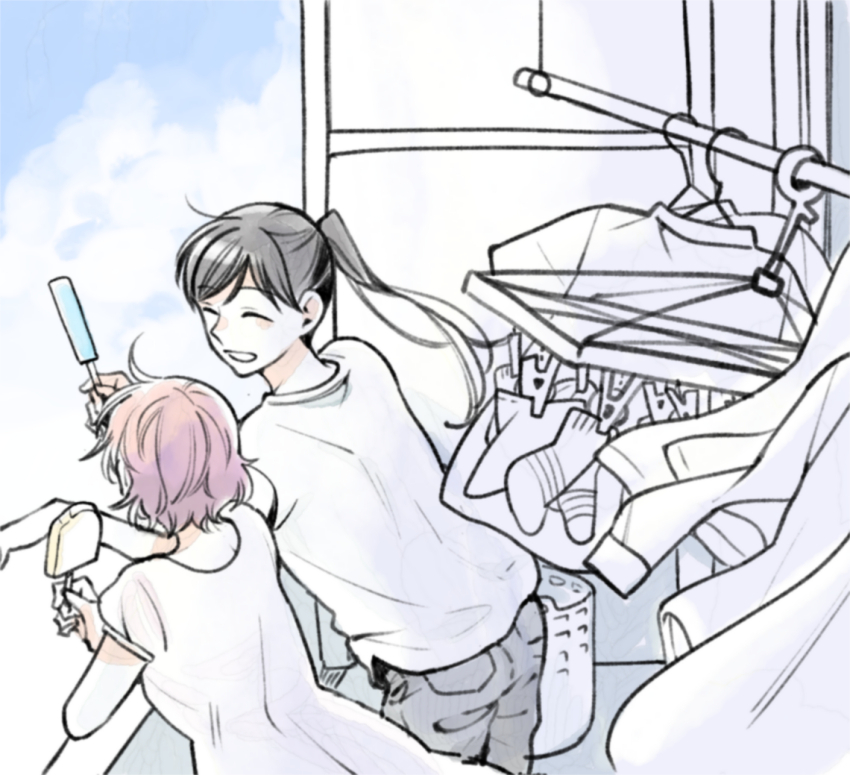 2girls black_hair clothes_hanger food holding holding_food holding_popsicle maekawa_akane multiple_girls ponpocoponco ponytail popsicle red_hair shimizu_makoto smile socks still_sick