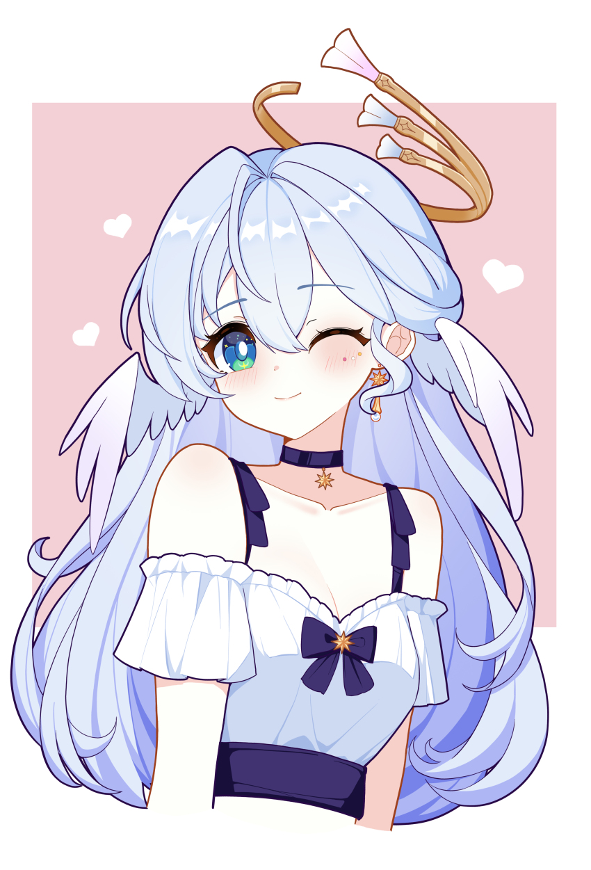 1girl absurdres bare_shoulders blue_bow blue_bowtie blue_choker blue_eyes blue_hair border bow bowtie choker closed_mouth collarbone commentary_request dress earrings feathered_wings ff2074 green_eyes hair_between_eyes halo head_wings heart highres honkai:_star_rail honkai_(series) jewel_under_eye jewelry light_blue_hair long_hair looking_at_viewer multicolored_eyes one_eye_closed pink_background robin_(honkai:_star_rail) simple_background single_earring smile solo star_(symbol) star_earrings teeth two-tone_eyes upper_body upper_teeth_only very_long_hair white_border white_dress white_wings wings