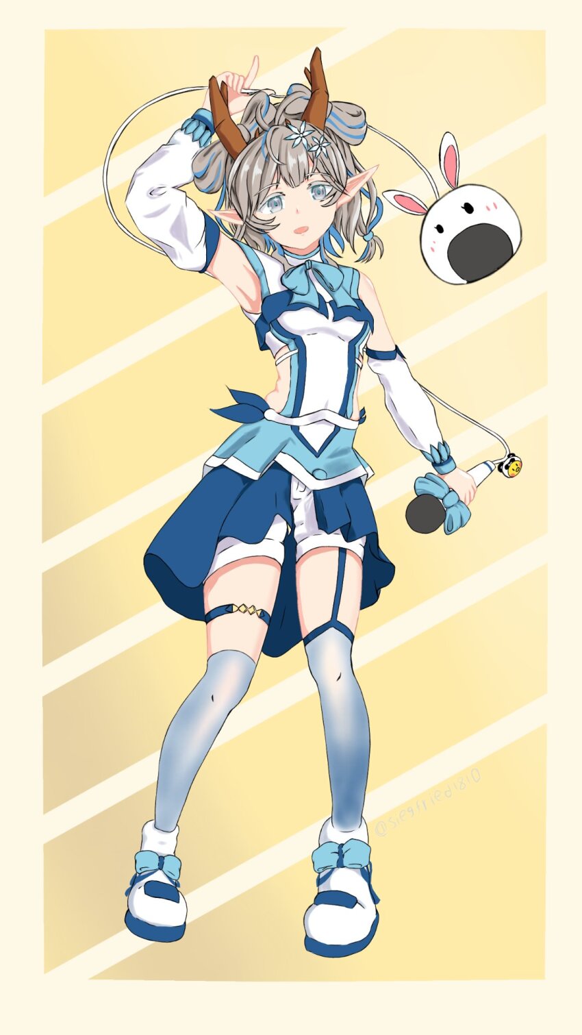 alt_text arm_up armpits commentary_request detached_sleeves flower garter_straps grey_hair hair_flower hair_ornament highres horns indie_virtual_youtuber indonesian_commentary microphone multiple_horns pants philovy_charisye ribbon ribbon_shoes shorts siegfried1810 thighhighs virtual_youtuber