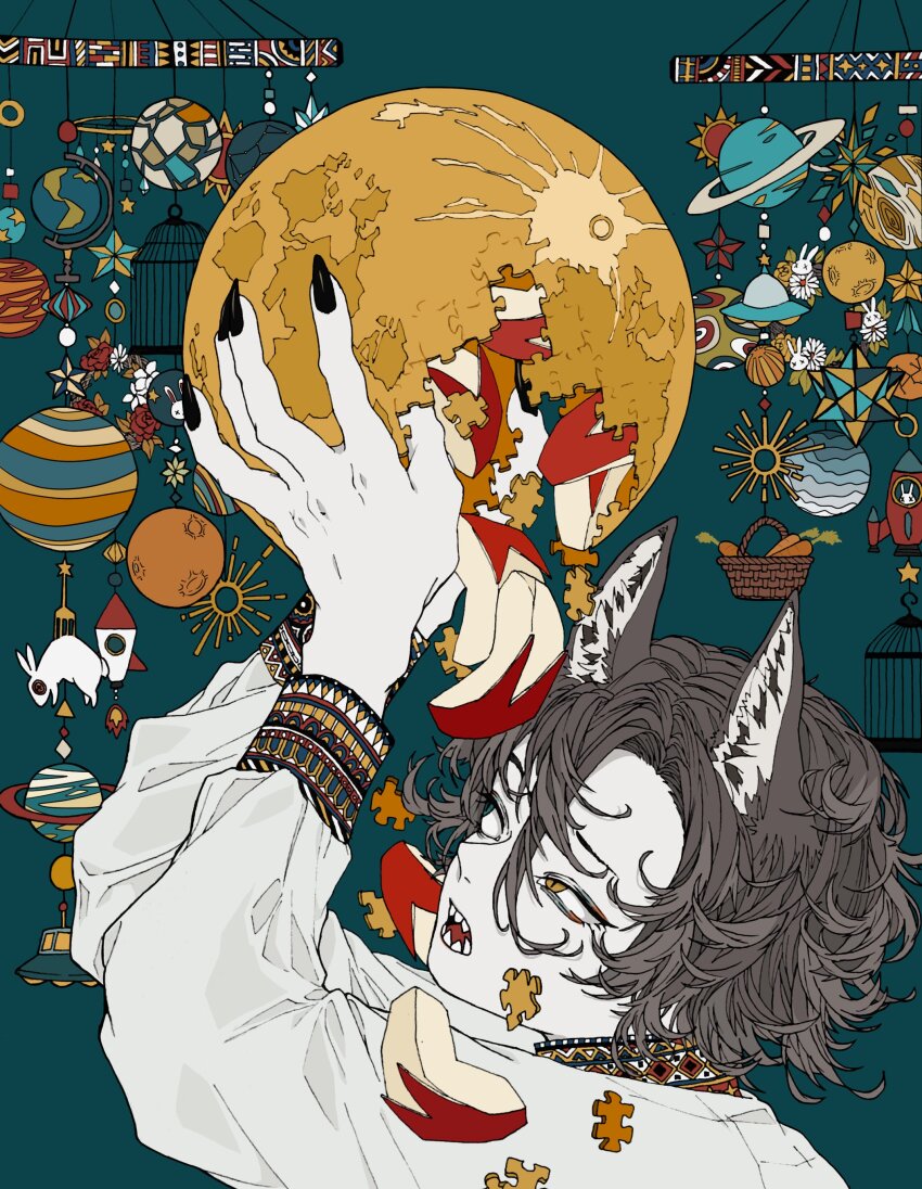 1boy absurdres animal_ear_fluff animal_ears basket birdcage black_nails cage charm_(object) fingernails flower full_moon green_eyes hair_between_eyes heterochromia highres holding holding_moon long_hair_between_eyes long_sleeves looking_up maguru_white male_focus moon nail_polish open_mouth original planet puzzle puzzle_piece rabbit red_flower red_rose rocket rose sharp_teeth shirt solo star_(symbol) sun_symbol teeth white_flower white_shirt wolf_boy wolf_ears yellow_eyes