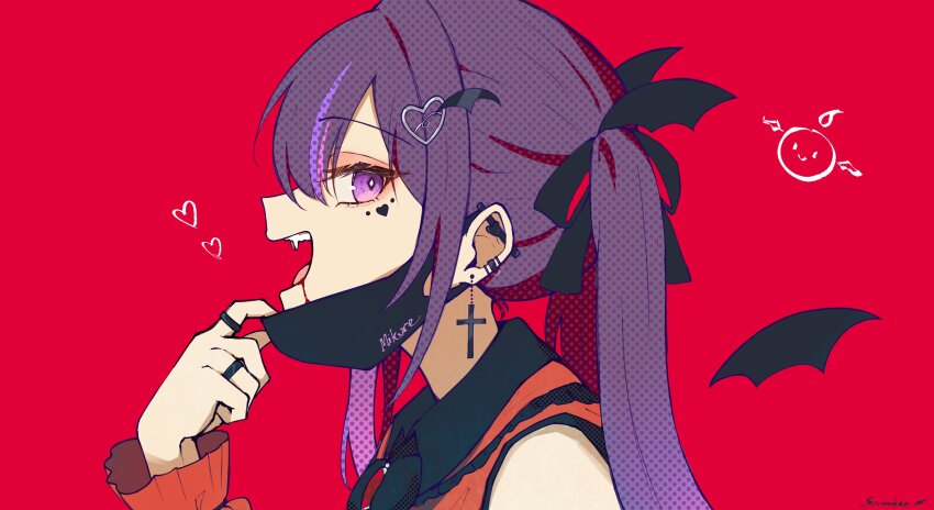 absurdres alternate_costume artist_name black_ribbon blood blood_from_mouth character_name collared_shirt commentary cross cross_earrings diamond-shaped_pupils diamond_(shape) ear_piercing earrings facial_mark fangs hair_between_eyes hair_ribbon hand_up heart heart_facial_mark heart_hairclip highres jewelry mask_pull mikure_narin open_mouth piercing purple_eyes purple_hair red_background ribbon ring shirt simple_background sowon_(sowonhae) symbol-shaped_pupils teeth twintails upper_teeth_only vampire_(vocaloid) virtual_youtuber vspo! vspo!_en