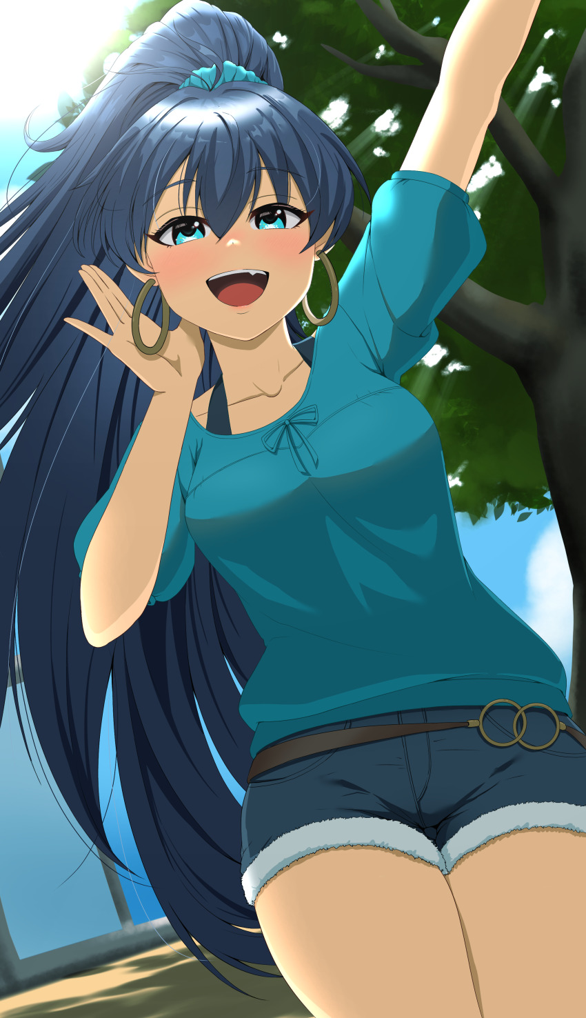 1girl absurdres ahoge antenna_hair aqua_eyes aqua_shirt arm_up artist_request black_hair blush breasts collarbone day denim denim_shorts earrings fang female_focus ganaha_hibiki hair_between_eyes hair_ornament hair_scrunchie hand_up happy high_ponytail highres hoop_earrings idolmaster idolmaster_(classic) jewelry legs_together long_hair looking_at_viewer medium_breasts namco neck open_mouth outdoors ponytail scrunchie shirt short_shorts short_sleeves shorts sidelocks sky standing thighs tree wide_ponytail