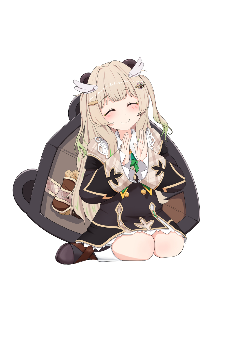 1girl absurdres amatsuna_sasaha animal_ears black_boots black_dress blush boots breasts closed_eyes closed_mouth commentary_request cuore_0624 dress full_body hair_intakes hair_ornament highres long_hair long_sleeves nanashi_inc. panda_ears panda_girl plaid_clothes plaid_sleeves seiza shield shield_on_back simple_background sitting smile solo two_side_up virtual_youtuber white_background wing_hair_ornament